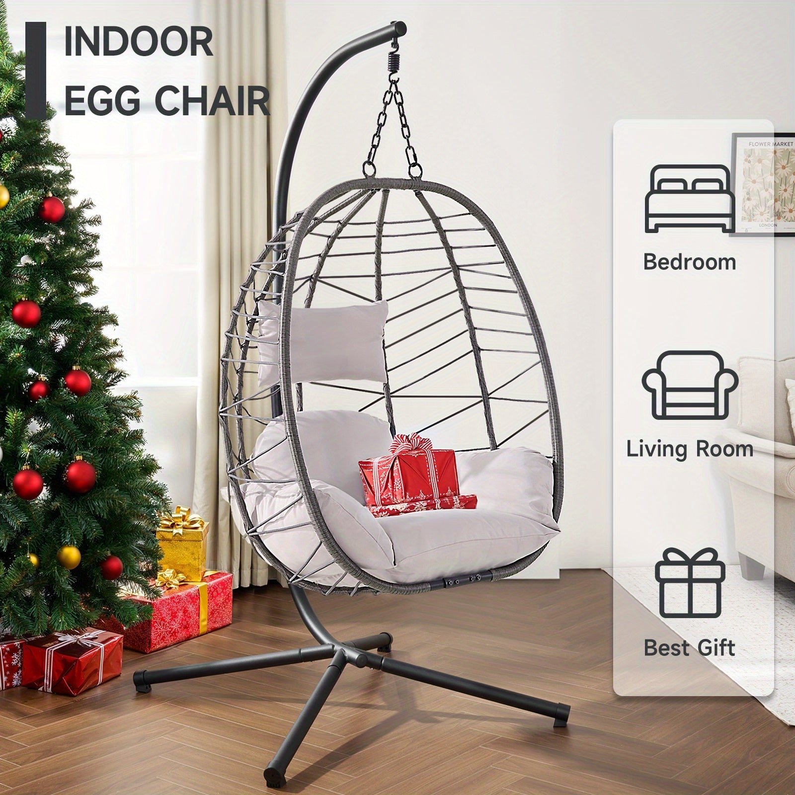 TEMU Indoor-outdoor Hanging Egg Chair With Stand - Heavy-duty 350lb Capacity Wicker Swing Chair With Cushioned Headrest & Dual Chains, Sturdy Frame -