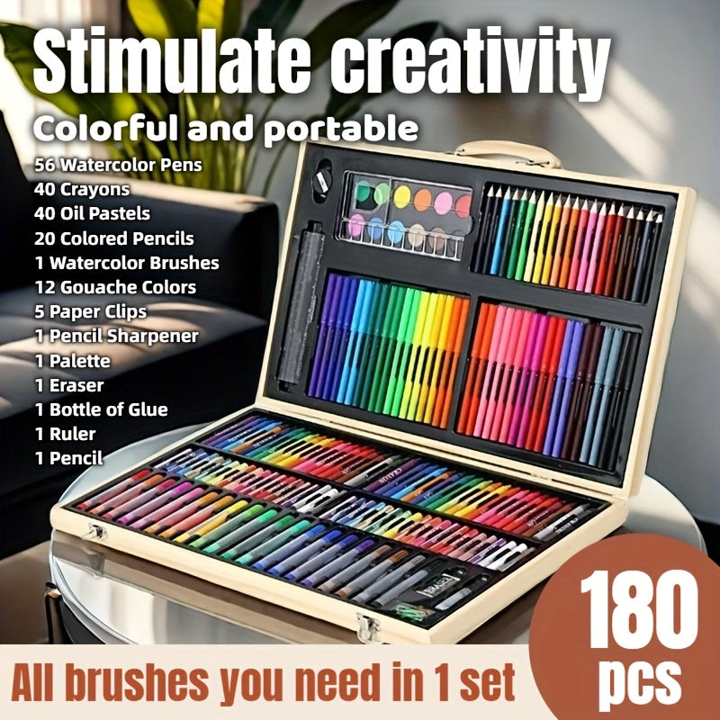 TEMU 180pcs Drawing Art Set, Wooden Box Brush Set, Color Pencils Set, Watercolor Pens Set, With Watercolor Pens, Crayons, Oil Pastels, Colored