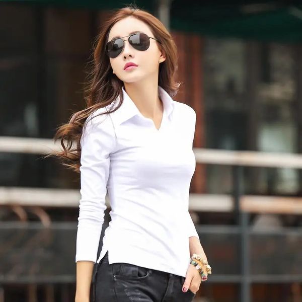 Polos para mujer Spring Autumn shirts and blouses Woman clothing Tops Long sleeve t-shirt POLO NECK SHIRT Solid polo shirt women 240806
