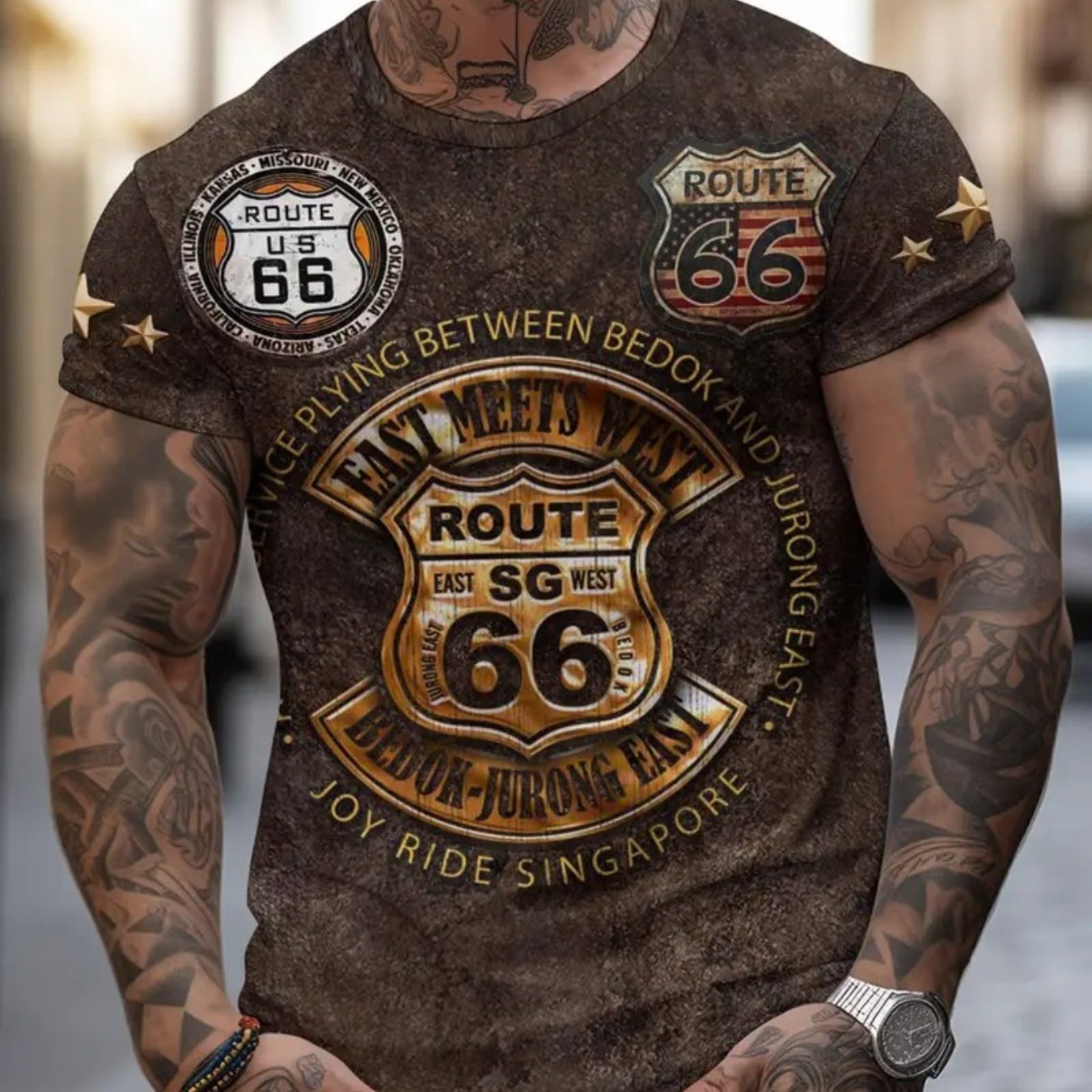 TEMU Men' Fashion, Lightweight Short-sleeved Tops, Casual Trendy Neck Short-sleeved T-shirts, Retro Pattern 3d Print Design