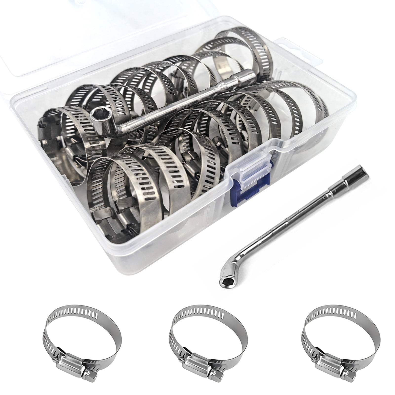 Hose Clamps 19PCS Set, 304 Stainless Steel, Radiator Hose Clamps, Big Size, with 1pc Socket Wrench,Worm Gear Clamps Set for Automotive,Plumbing,Inte