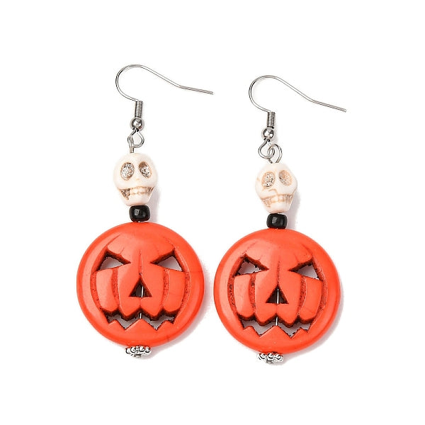 Boucles d'oreilles pendantes citrouille et crâne turquoise synthétique