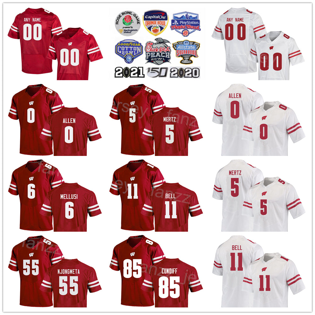 NCAA Football Wisconsin Badgers College 5 Graham Mertz Jersey 0 Braelon Allen 1 Chez Mellusi 11 Skyler Bell 55 Maema Njongmeta 85 Clay Cundiff Unive