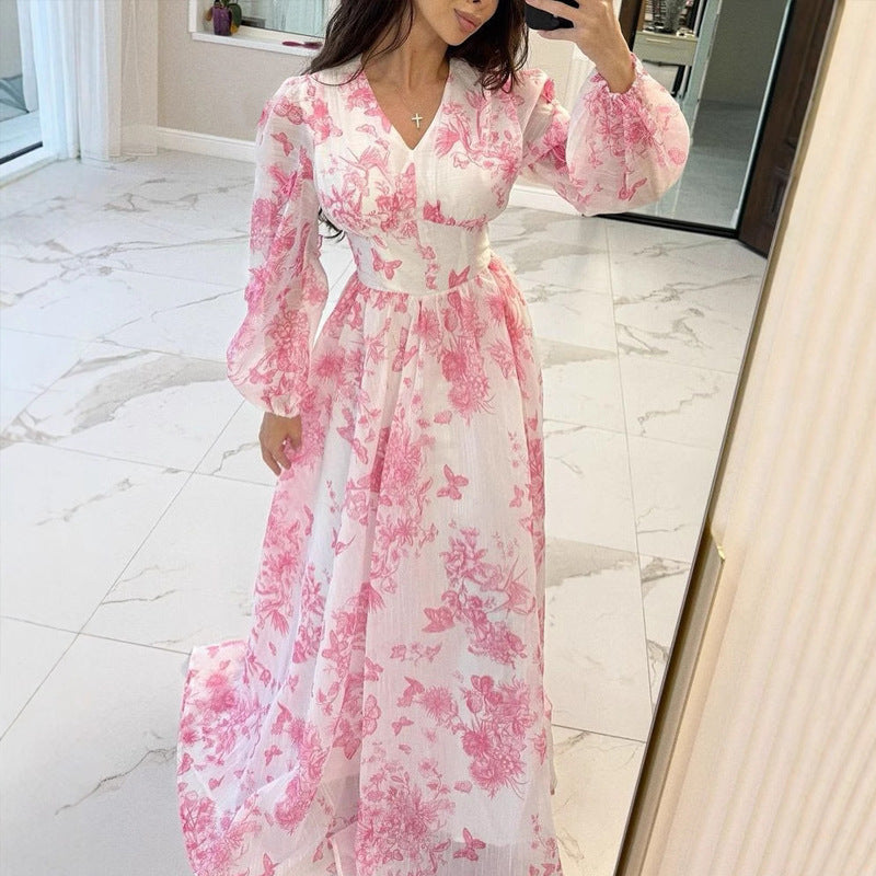 309 summer cross-border new European and American Amazon high waist temperament French style slim long swing holiday dress