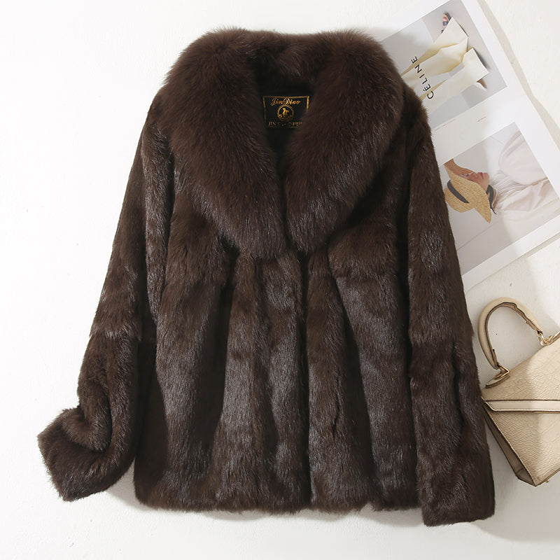 Full fur rabbit fur coat, pure 100% real coat, paired with a natural fox collar jacket