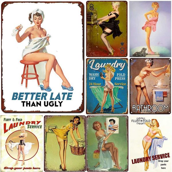 Vintage Metal Tin Signs Pinup Girls Wall Decor for Bathroom Laundry Man Cave Home Bars Garage Cafe Clubs Retro Posters PlaqueXJ250116