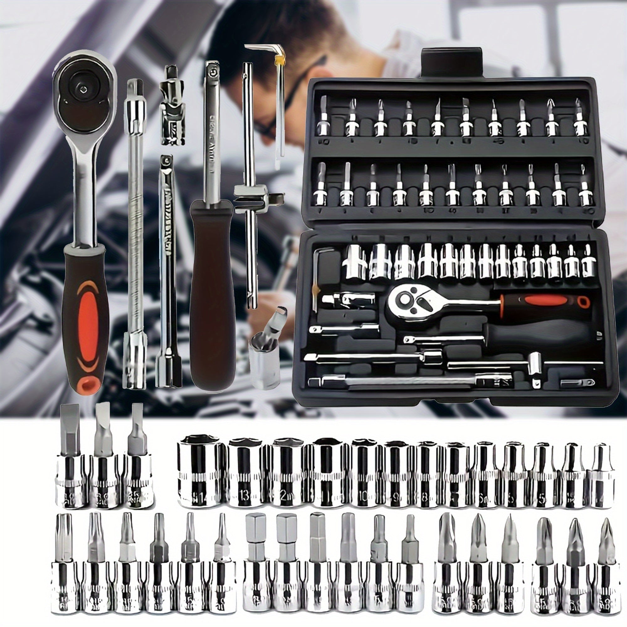 TEMU 46pcs-53pcs Tool Kit - Premium Ratchet Torque Wrench Diverse Screwdriver Set - Ultra-portable, Solution For Car, Bike, & Motorcycle Maintenance