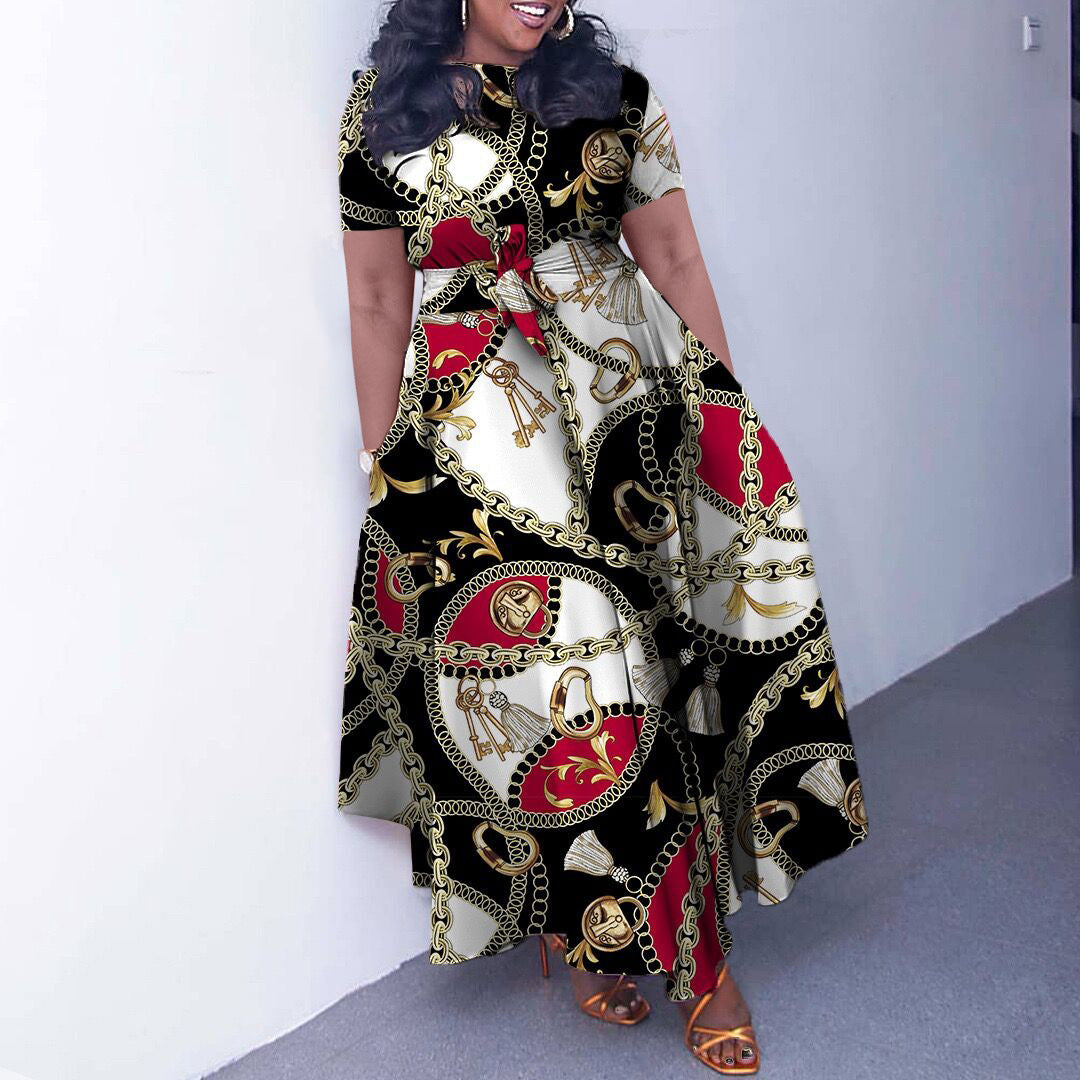 096 New Fashion Temperament Lace-up African Large Size Short Sleeve Swing Foreign Trade Dress