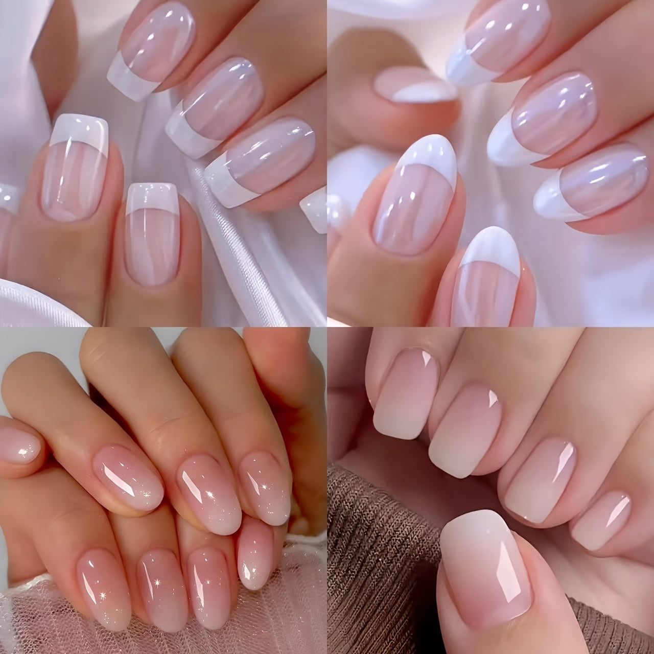 TEMU 96pcs Elegant French Tip Nail Polish Set - Glossy White & Pink Gradient Short Almond-short Square Tips, Pre-cut Press-on Nails With & Pink-beige