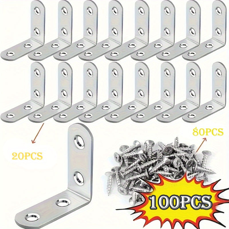 TEMU 100pcs Stainless Steel L-bracket Corner Set, 1.57x1.57 Inch 90 Degree Right Angle With Screws For Wooden Shelves, Chairs, Tables, Dressers,
