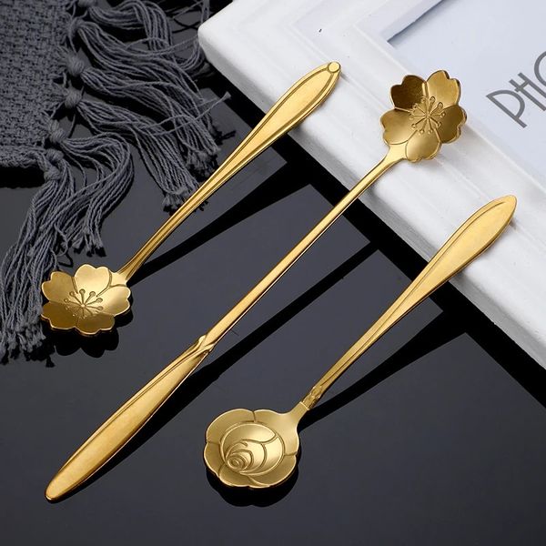Coffee Spoon Stainless Steel Cherry Blossom Rose Spoon Creative Long Handle Gold-plated Flower Spoons Gold Kitchen Accessories