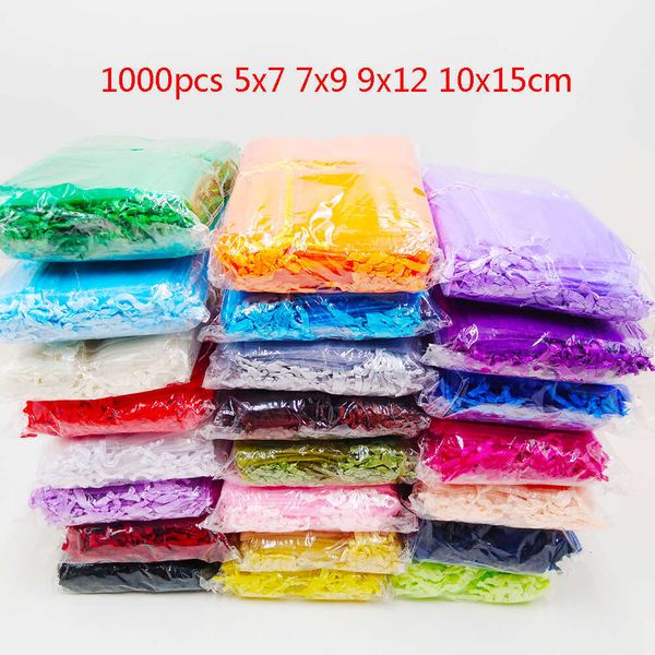 Hot 1000Pcs-Lot 5X7 7X9 9X12 10X15cm Drawstring Organza Bag Wedding Party Christmas Gift Favor Jewelry Packaging Bags Pouch