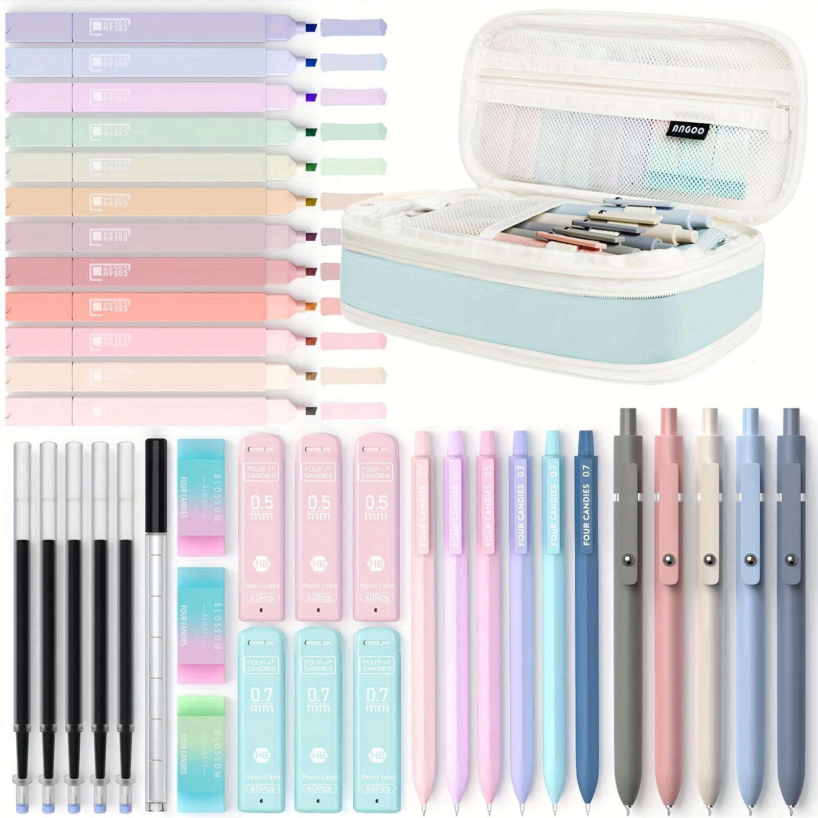 TEMU 4 Candies 39pcs Aesthetic School Supplies With Cute Pen Case, 12 Pastel Highlighters, 5 Black Ink Gel Pens, 6 Mechanical Pencils Set 0.5 & 0.7mm