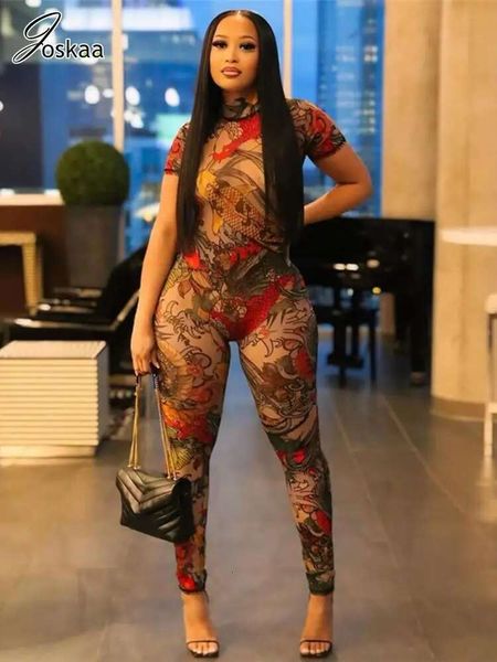 Joskaa Printed Mesh See Through Jumpsuit Women Short Sleeve Backless Skinny One Piece Rompers Summer Y2k Vintage Fiess 2024