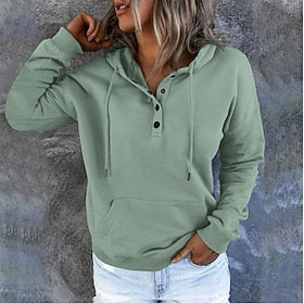 Dames Trui met capuchon Stoppen Hoodie met knoopsluiting Effen Kleur Effen Casual Dagelijks Trekkoord Rode Wijn Zwart blauw Casual Capuchon Lange mouw Lente He