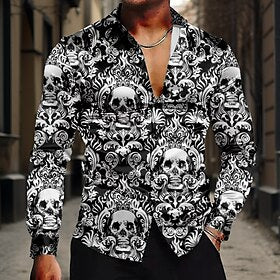 Caveiras Casual Escuro Homens Camisa Social Formal Festa Verão Primavera Outono Aberto para a Lateral Manga Longa Preto S, M, L Cetim Seda artificial Camisa