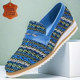 Homens Mocassins e Slip-Ons Crochê Penny Loafers Mocassins Clássicos Couro Couro de grão integral italiano Confortável Antiderrapante Mocassim Azul