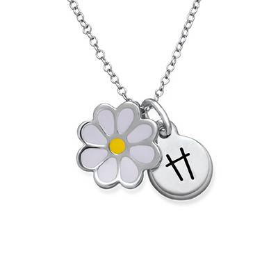 Enamel Flower Necklace for Kids with Initial Charm in Sterling Silver