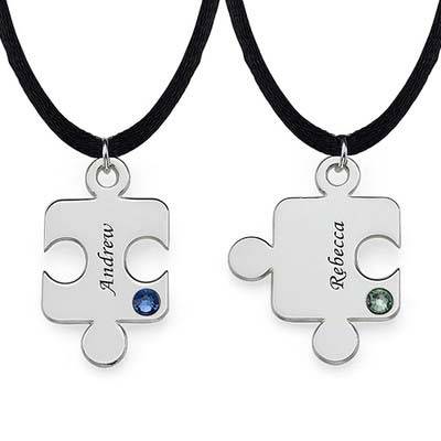Engraved Puzzle Necklace for Couples with Birthstones in Sterling Silver