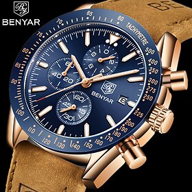 BENYAR Montres Hommes Monter à Quartz avec Bracelet en Cuir Chronographe Grand Cadran Date Analogique Montre de Sport Décontractée 30M Étanche Montres-bracelet