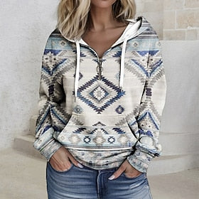 Dame Zip Up Hoodie Sweatshirt Hættetrøje bluse Tribal Afslappet Sport Snørelukning Frontlomme Kvartals lynlås Lyserød Blå Lilla Aktiv Etnisk Hættetrøje Langærm