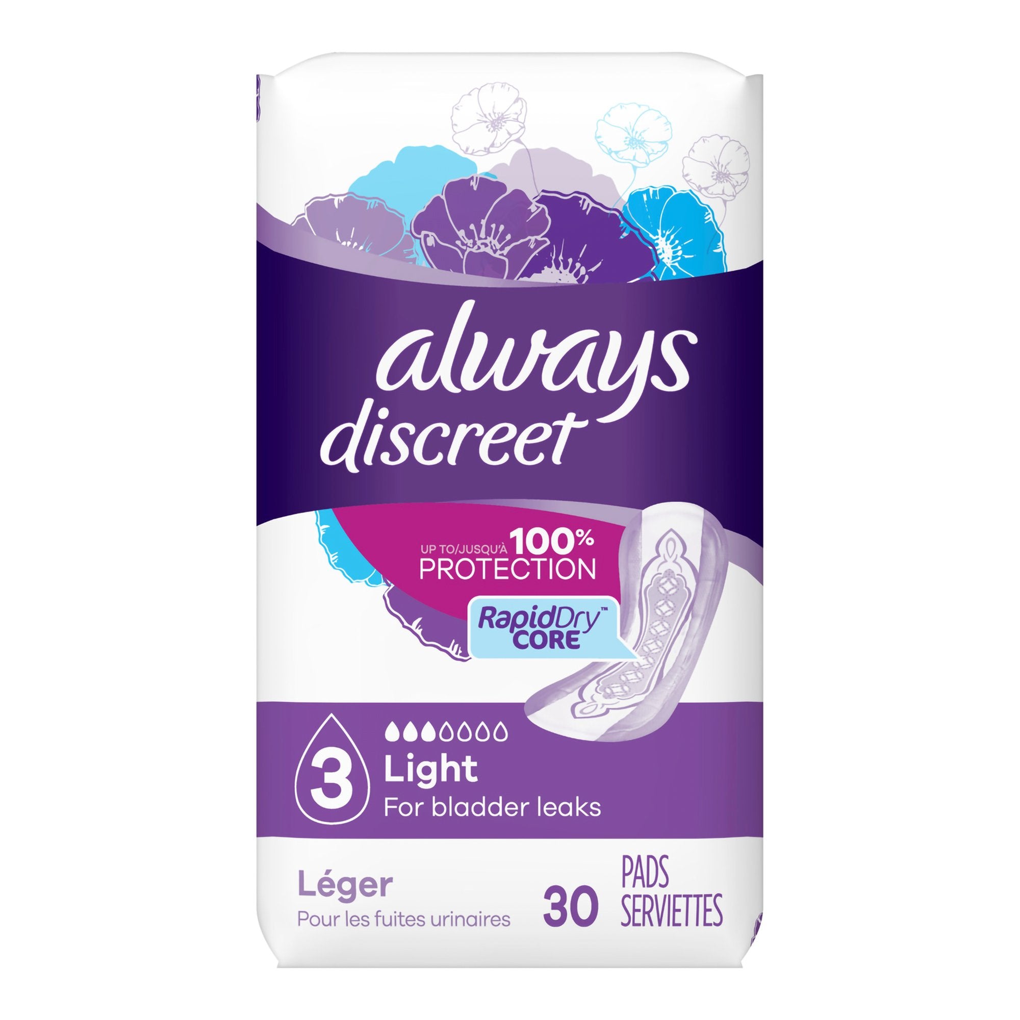 Always Discreet Bladder Control Pad, Size 3, Pack of 30