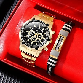 2 en 1 montre de luxe pour hommes avec bracelet ensemble mode décontracté militaire quartz sport montre-bracelet en acier hommes horloge cadeau