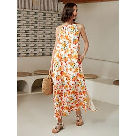 Femme Robe d'été Robe à fleurs Robe d'été robe longue Orange Sans Manches Fleurs Fleur Fleur - Plantes Licou Style floral Imprimer Eté Printemps été Printemps