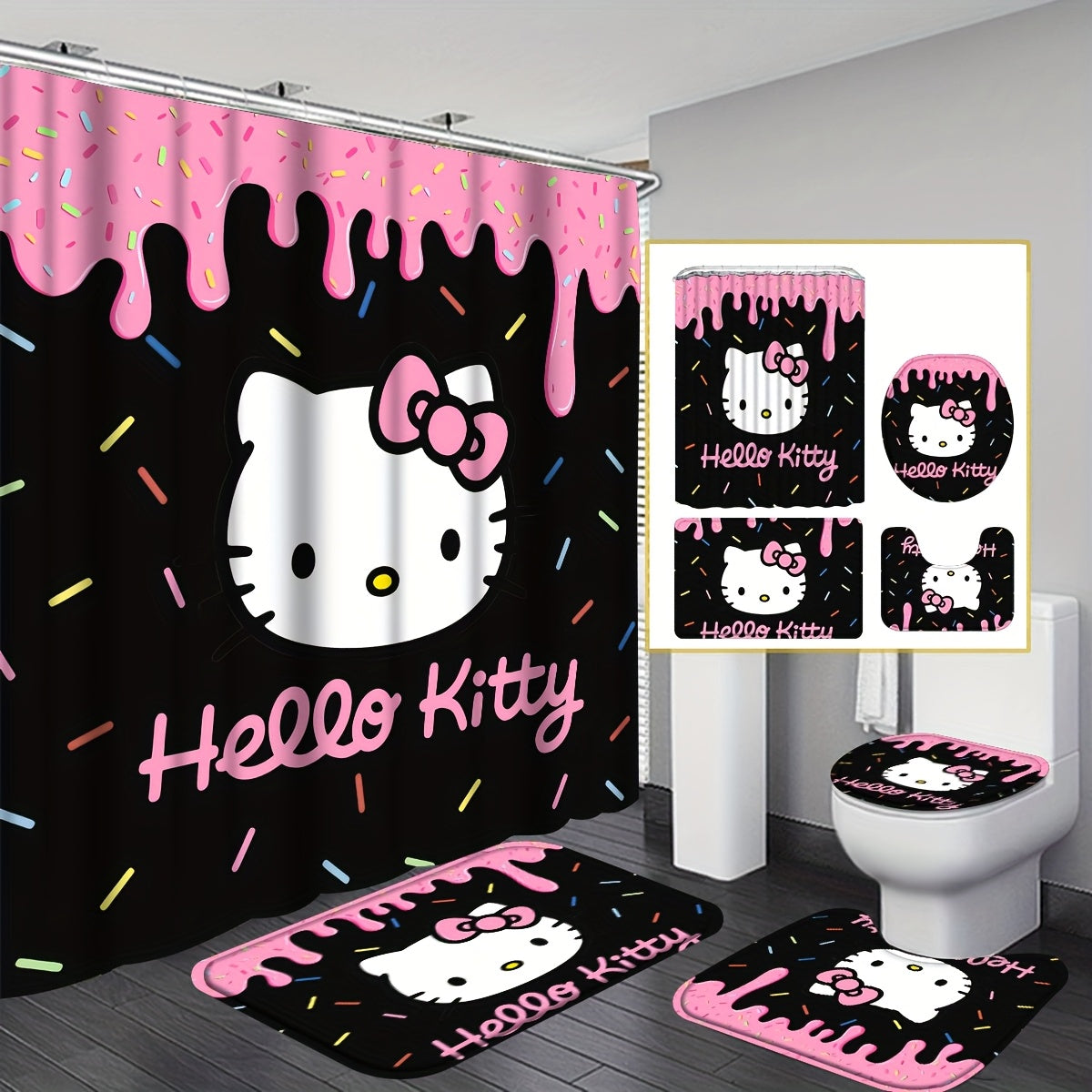 TEMU For Hello Kitty Shower Curtain Bathroom Sets Full Set, 4pcs & Bow Bathroom Decor And Accessories, Includes 12 Hooks, Bath Rug, Mat & Lid Cover,