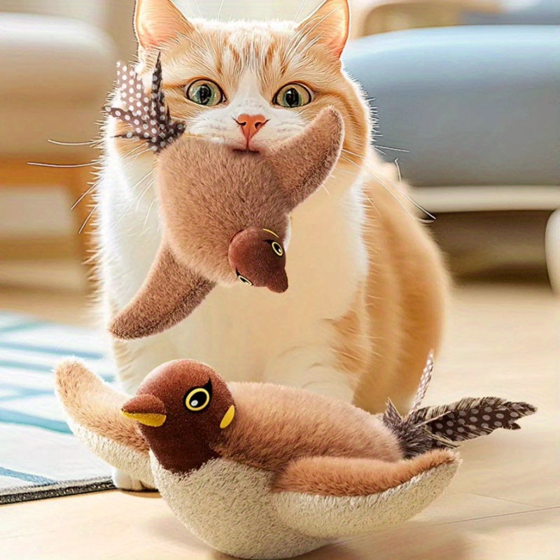 TEMU Interactive Cat Toy With Flapping Wings & Chirping Sounds - Motion-activated , Soft Plush Bird Toy With Eyes & Safe Lithium Polymer Battery For