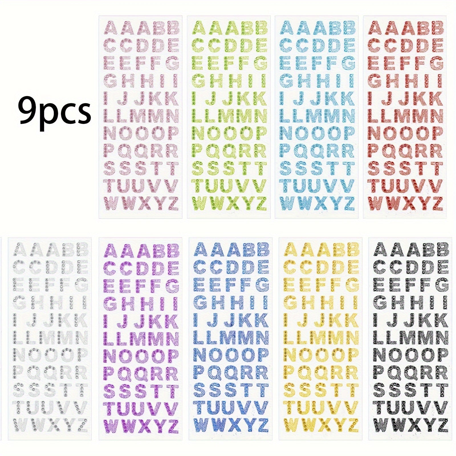 TEMU 9-pack Glitter Alphabet Stickers - Pvc Self-adhesive Letter Decals For Scrapbooking, Card Making, Diy Crafts, A-z Shiny Crystal Alphabet