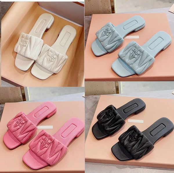 Candy Color Summer Slippers Classic Women Leisure Flip Flops Fashion Flat Bottom Sandal Letters Luxury Ladies wrinkle Leather Women Beach Sh
