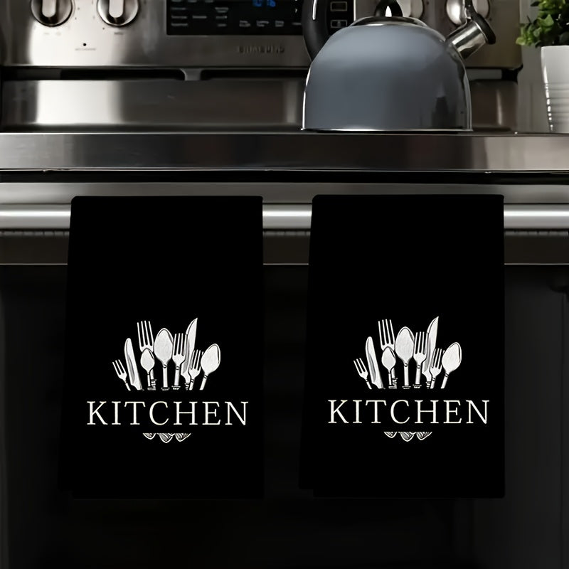 TEMU 2pcs Black Kitchen Towels With Utensil Print, Super Soft & Absorbent Microfiber Dishcloths For Cooking, Baking, And Cleaning, Modern Decorative