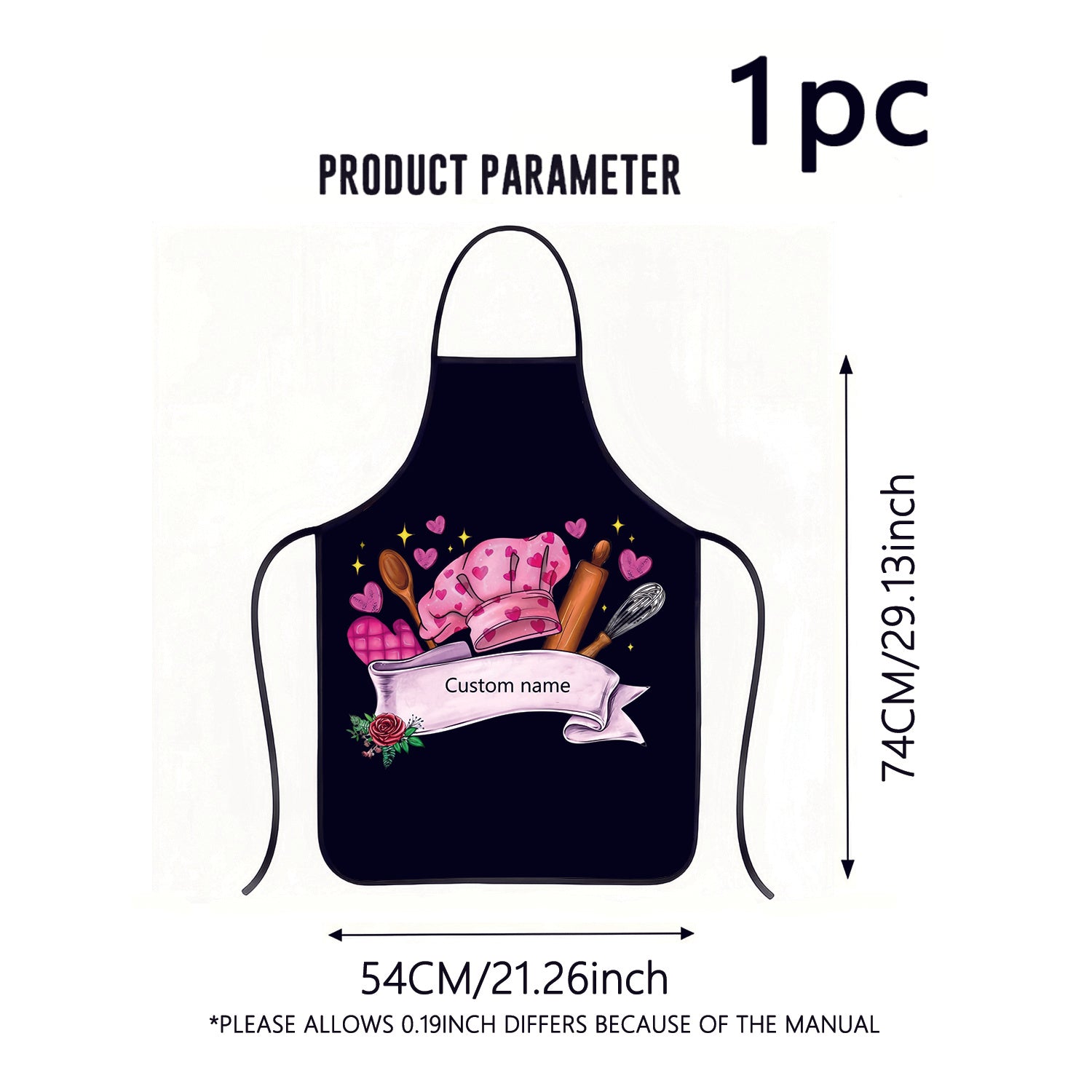 TEMU 1pc Custom Text Personalized Apron - Pink Chef Theme With Kitchen Utensils, Print, Durable Polyester Sleeveless Neck Strap For , Baking, Holiday