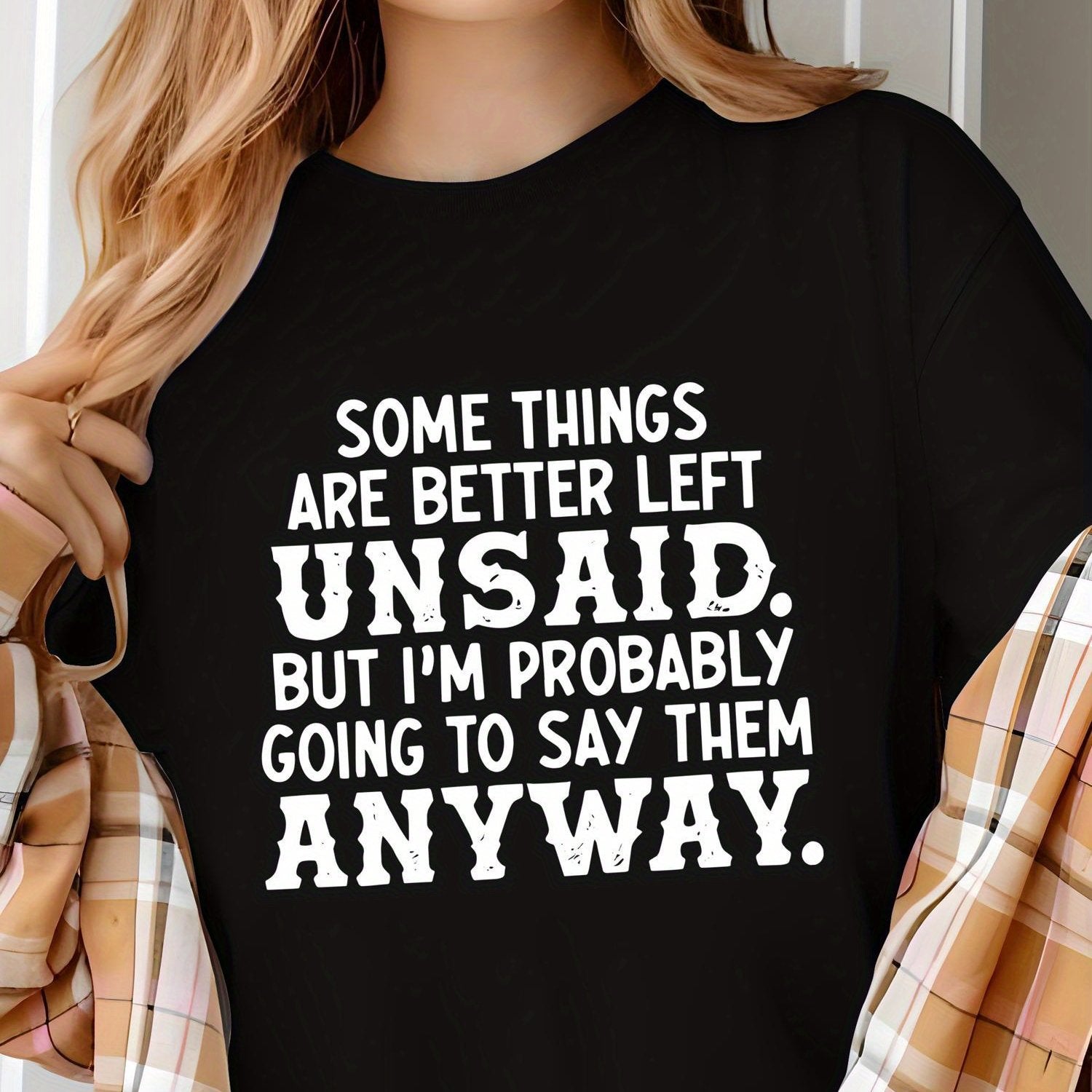 TEMU Women's Cotton Graphic T-shirt - "some Things Are Better Left , But I'm Say Them " Print - Relaxed Fit, Classic Crew Neckline, Short Sleeves For