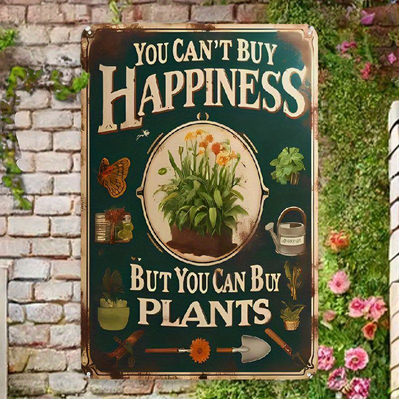 TEMU 1pc Vintage-style "you Buy Happiness But You Can Buy Plants" Metal Sign, 8 X 12 - Rustic Teal Wall Decor With Plant Illustrations For Home,