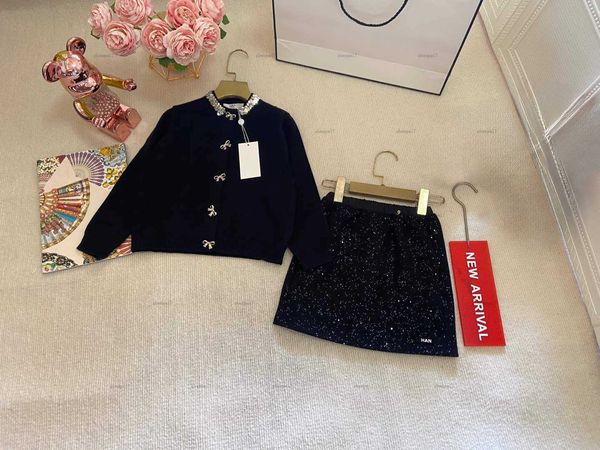 Top girls dress set child coat suits kids designer clothes baby Autumn two-piece Metal bow button-up sweater and sparkly leather skirt
