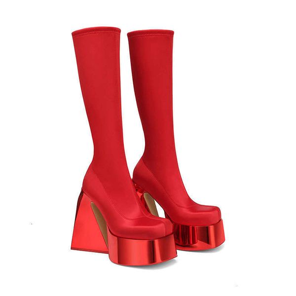 Sier Red Color Waterproof Platform Ultra High Heel Square Head Fashion Women&#039;s Steel Pipe Dance Stage Boots 35-43