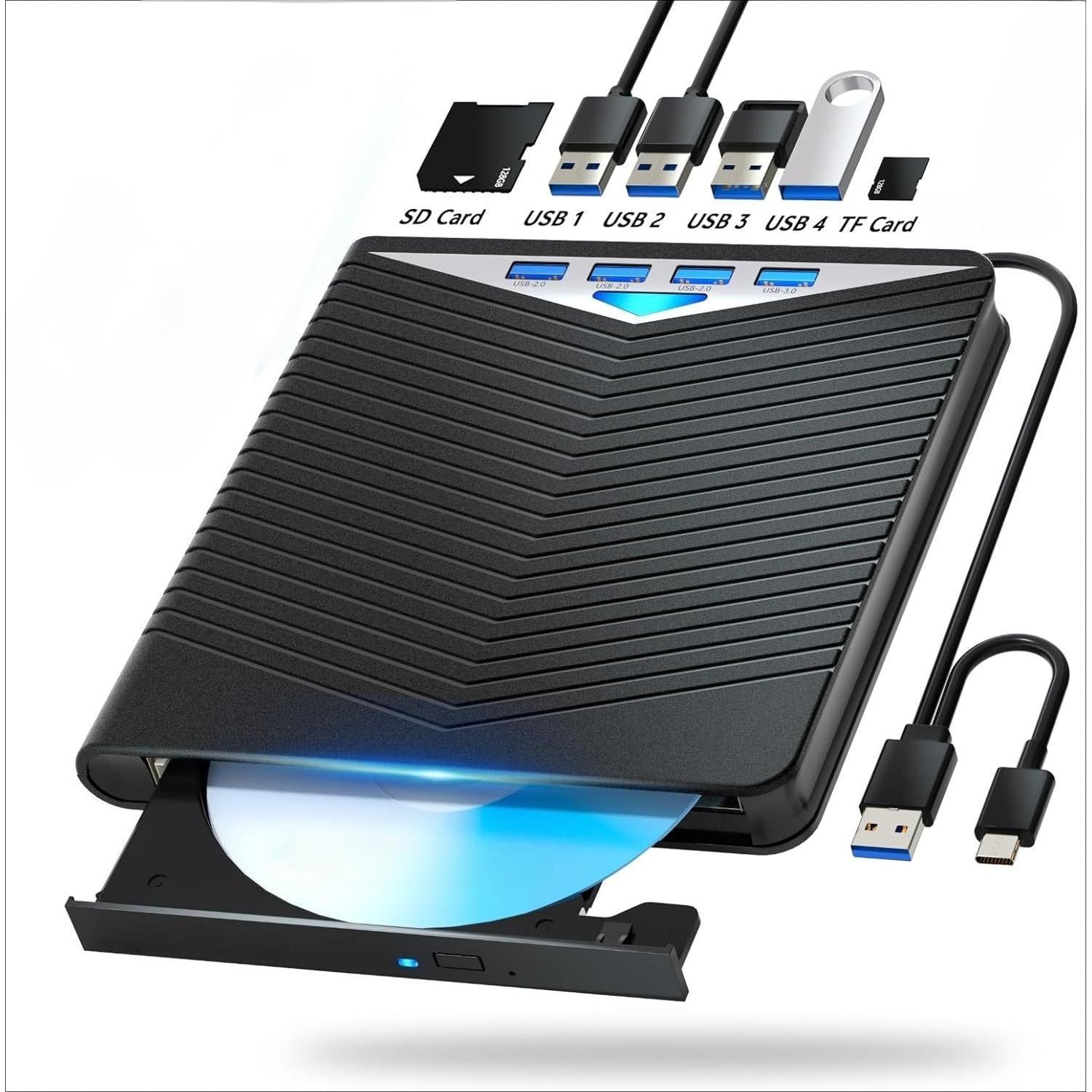 TEMU External Dvd-cd Rom Drive With Usb 3.0 & Type-c, Usb-powered Portable Cd-dvd Player, Burner, Reader, Writer, Compatible With Windows 7-8-10-11,