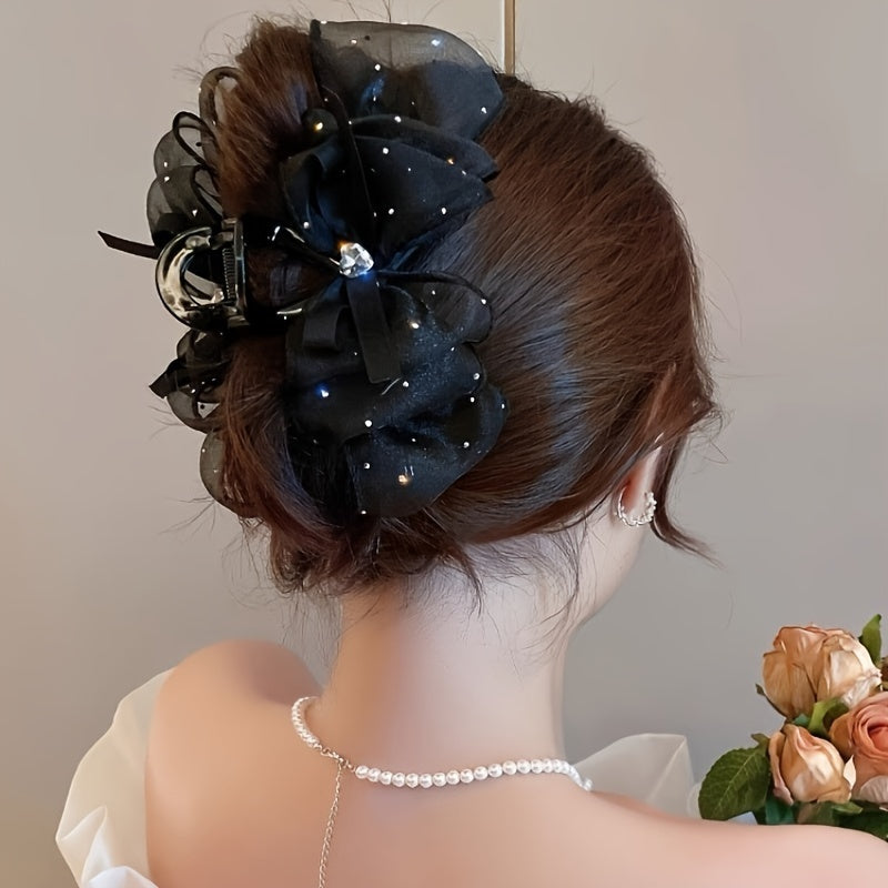 TEMU Elegant Large Hair Clip With Heart-shaped & Mesh Design - Vintage Style, Casual Attire