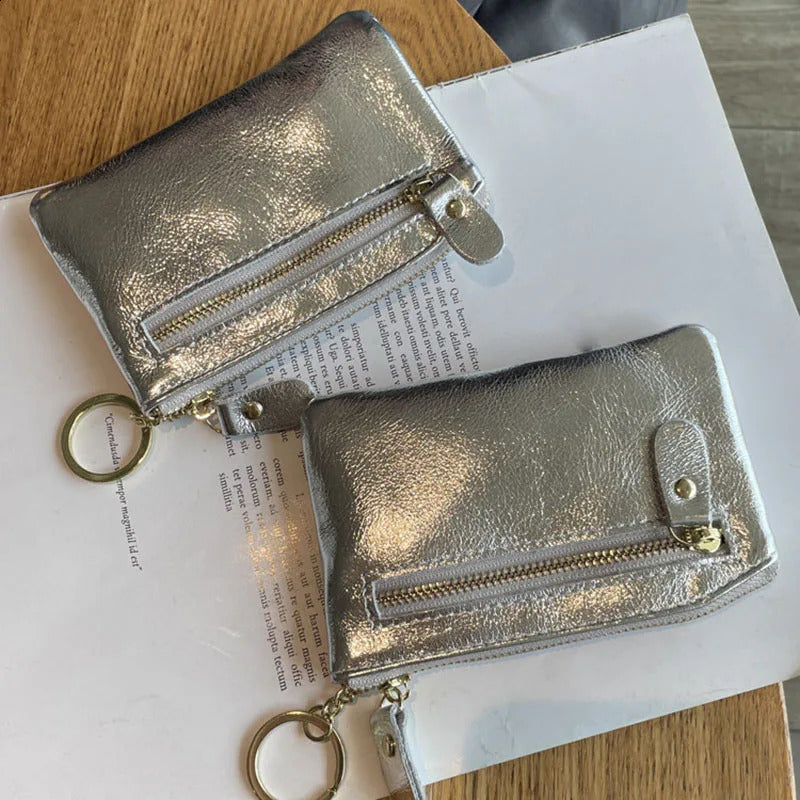 Mini Purse Portable Key Card Holder Coin Bag Pouch with Keychain Sier Genuine Leather Zipper Cute Wallet for Women 240809