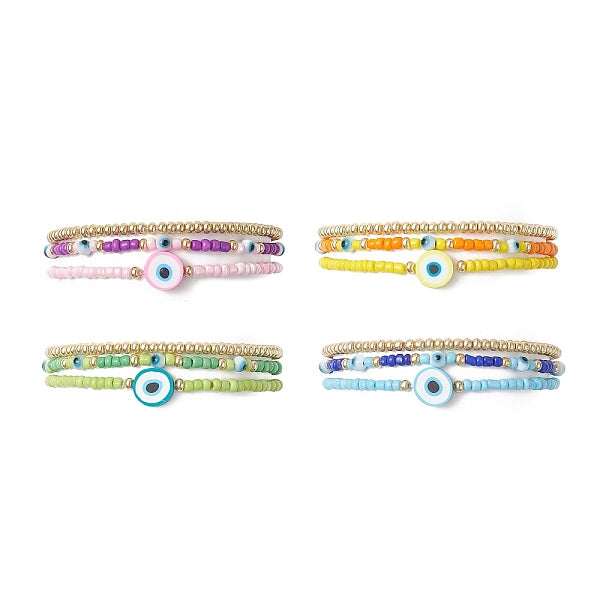 3Pcs 3 Style Evil Eye Polymer Clay & Glass Seed Beaded Stretch Bracelets Set for Women