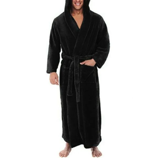 Men Soft Coral Fleece Solid Color Pockets Long Bath Robe Home Gown Sleepwear Men Pajamas Pyjamas Set Loungewear Set Sleepwear