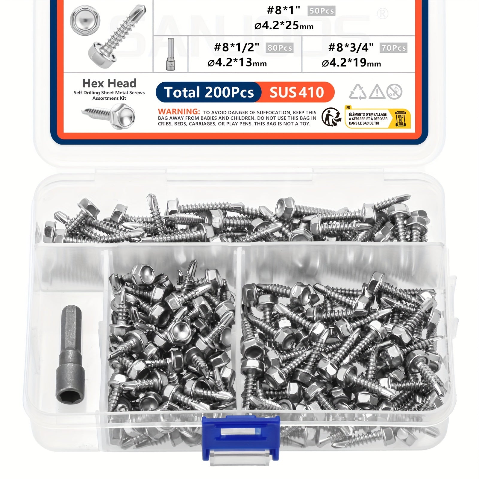 TEMU 410 Steel Tapping Tek Kit | Hex Washer | 200pcs #8 | 3-length (1-2", 3-4", 1") Free Hex Bit