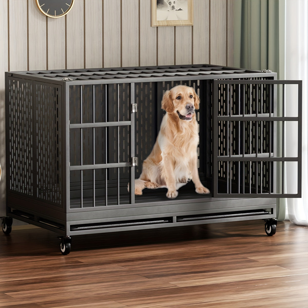 TEMU Snuowu 48 Inch Heavy Duty Dog Crate With Wheels And Lift Rod, Folding Metal Big Dog Cage For Large Dogs, Extra Large Xl Xxl Indestructible Dog