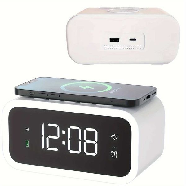 LED Large Screen Wireless Charging Alarm Clock Magnetic Fast Charging Wireless Clock Charger dimmable Alarm Clock Y240904