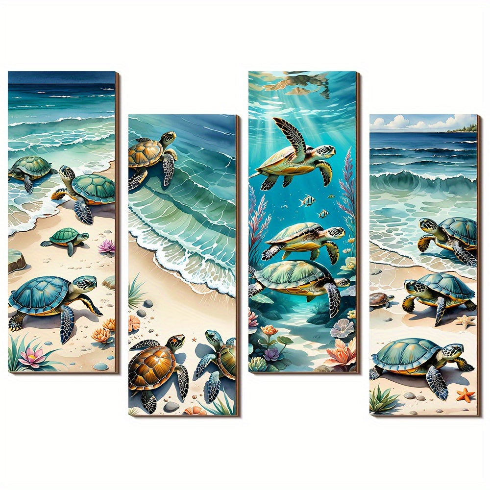 TEMU 2d Flat, 4pcs Set Of Rustic Wooden Turtle Wall Art Set, Ocean Theme, Unframed Wall Decoration, Suitable For Living Room, Bathroom, Bedroom-