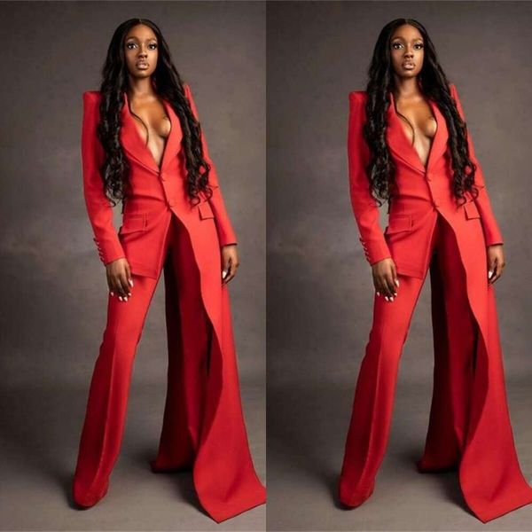 Red Women Suits Definir 2 peças Super Long Blazer Wide Leg Pants Made Moda Moda Office ou Length Party Prom Dress BC19659