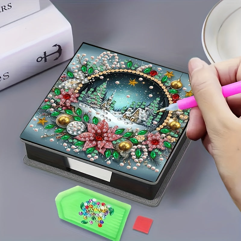 TEMU Diy 5d Diamond Painting Kit - Christmas Night Scene With Sleigh & Snowy Landscape, Irregular Round Acrylic Diamonds, Leather Notebook & Sticky