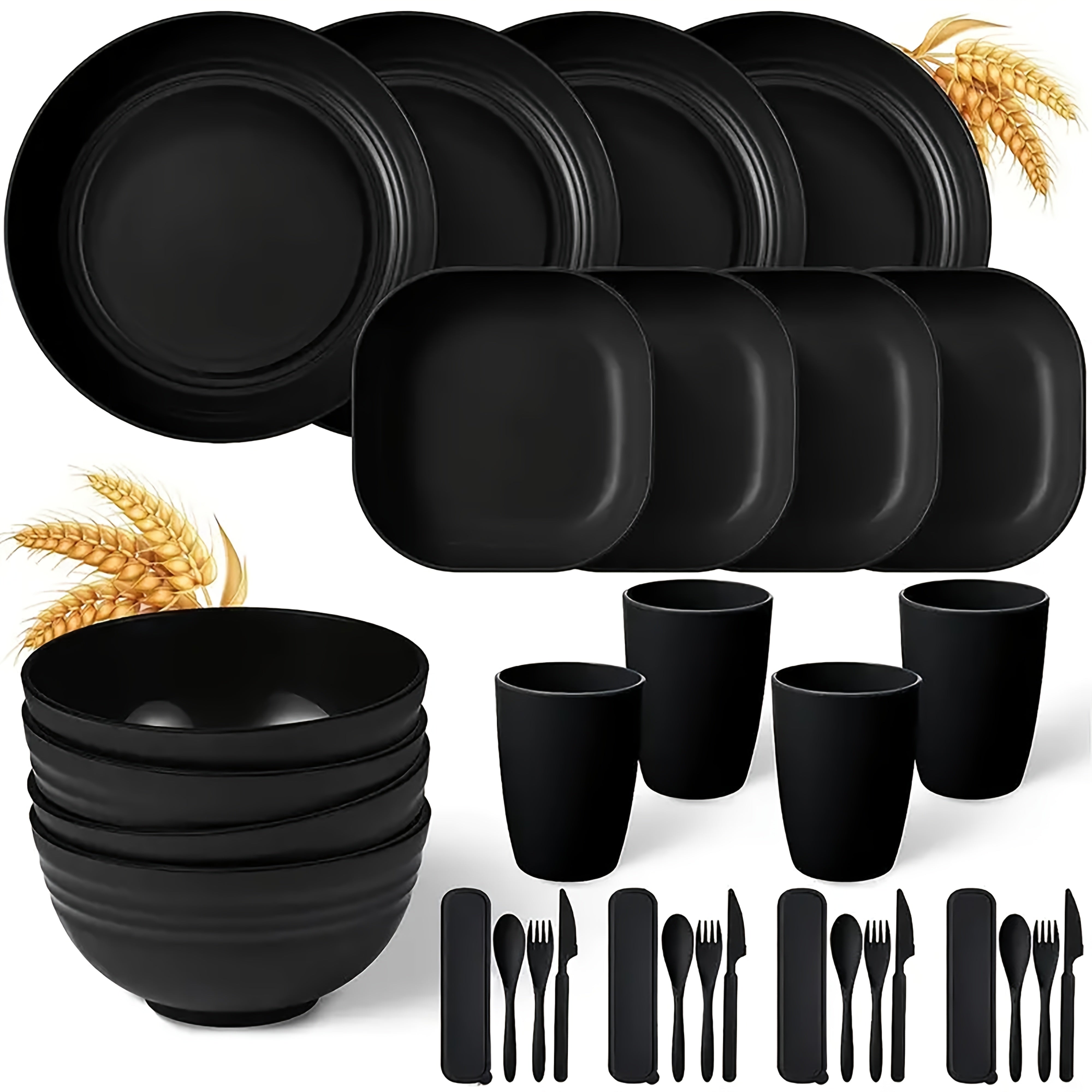 TEMU 32pcs Plastic Cutlery Set - Solid Black Plates, Bowls, Cups With Forks, Spoons, Knives Flatware Set - Reusable, Microwave-dishwasher Safe, Ideal